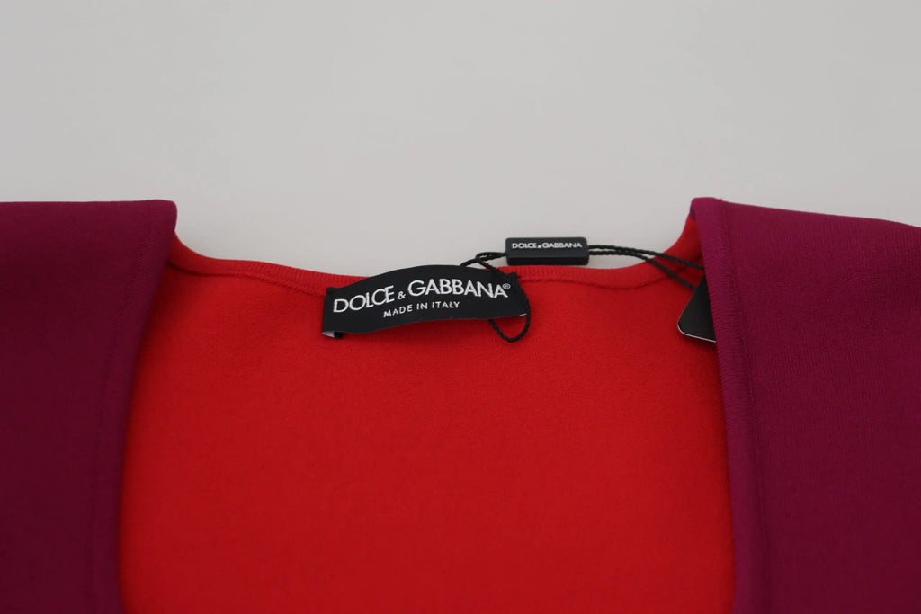 Red dolce & gabbana dress with magenta shoulder panels made of viscose featuring a square neck design