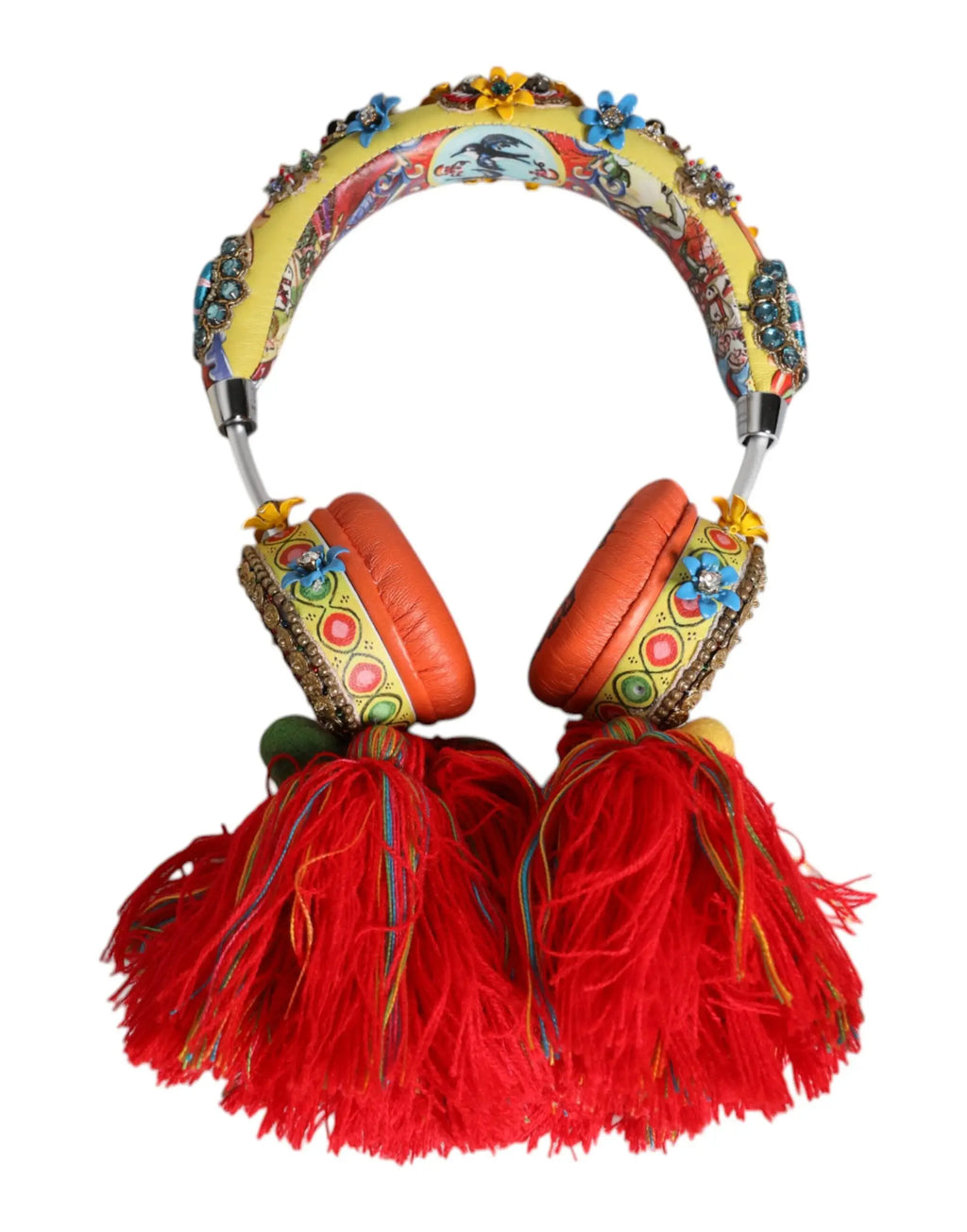 Casque dante gabbana multicolore orné de broderies florales, perles, et pompons rouges vibrants jaune et orange