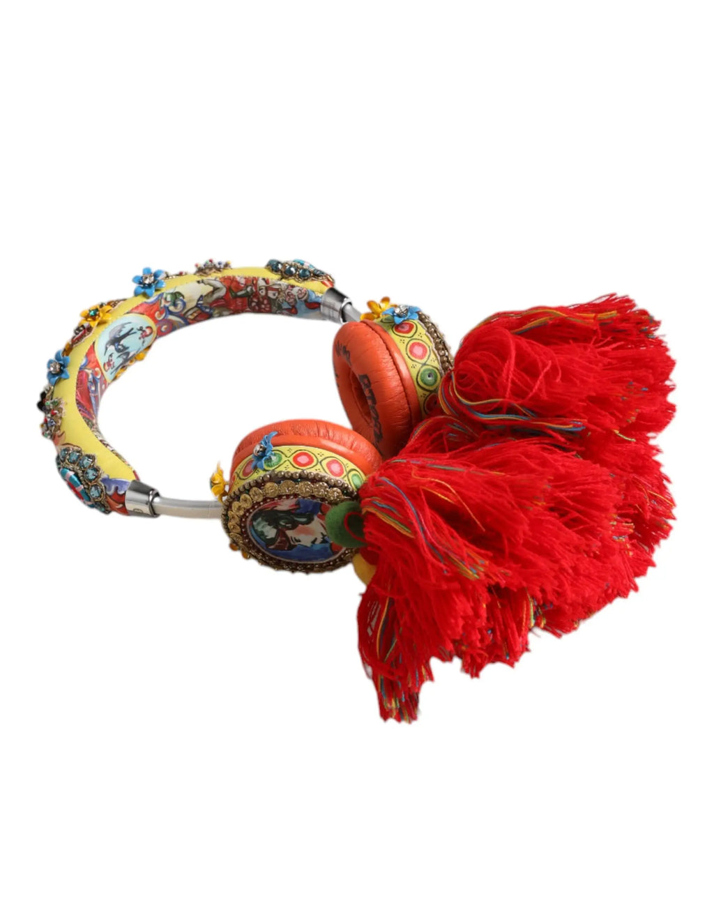 Dolce & Gabbana casque audio multicolore orné de cristaux avec serre-tête jaune à motifs et pompons rouges