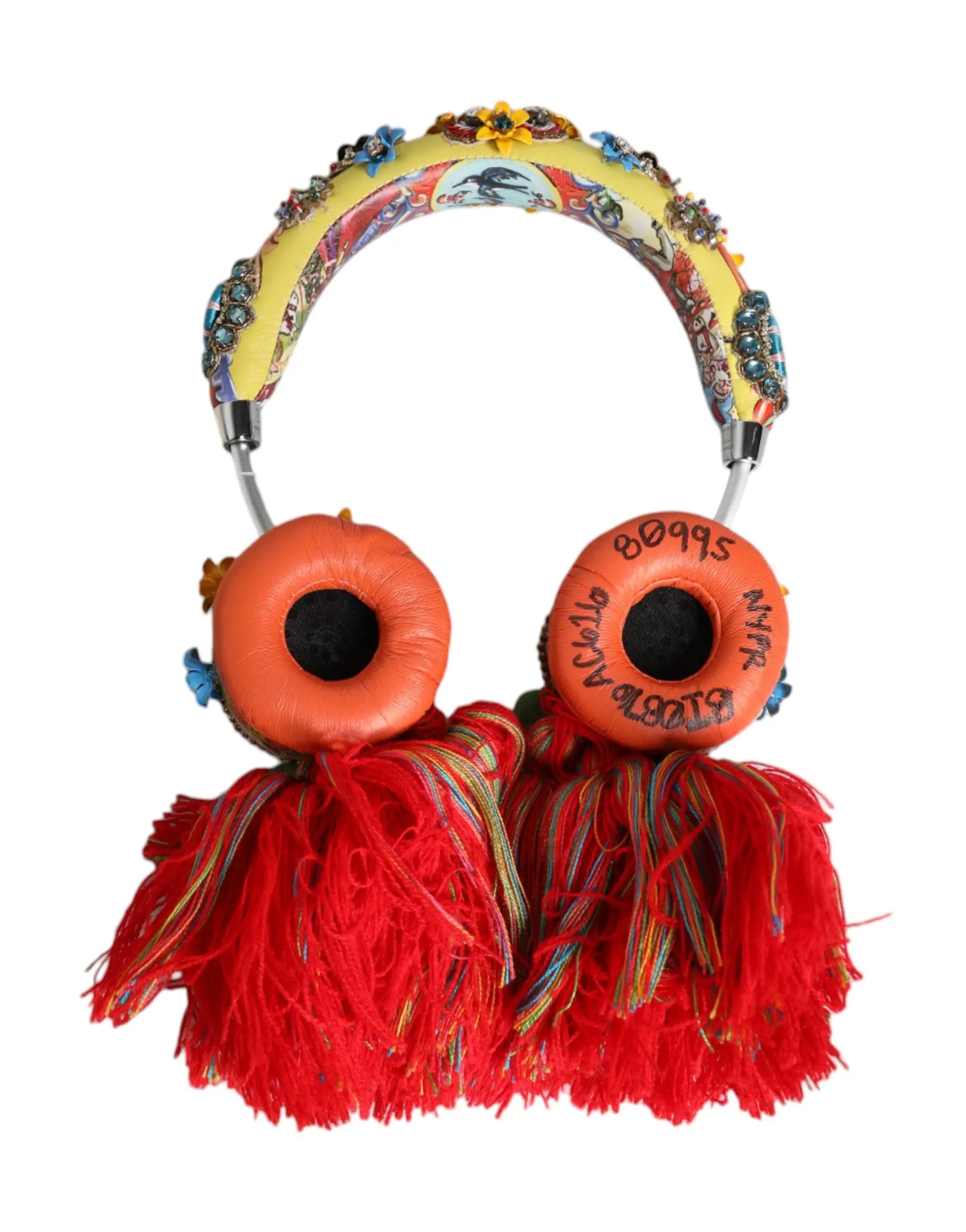 Casque dolce & gabbana multicolore avec serre-tête jaune floral, écouteurs orange et franges rouges à pampilles crystal