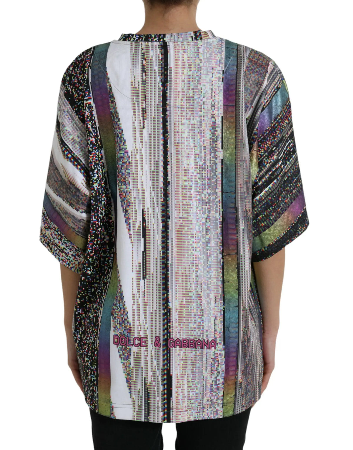 Dolce & gabbana t-shirt oversize manches courtes multicolore motif ville glitch art bandes métalliques iridescentes