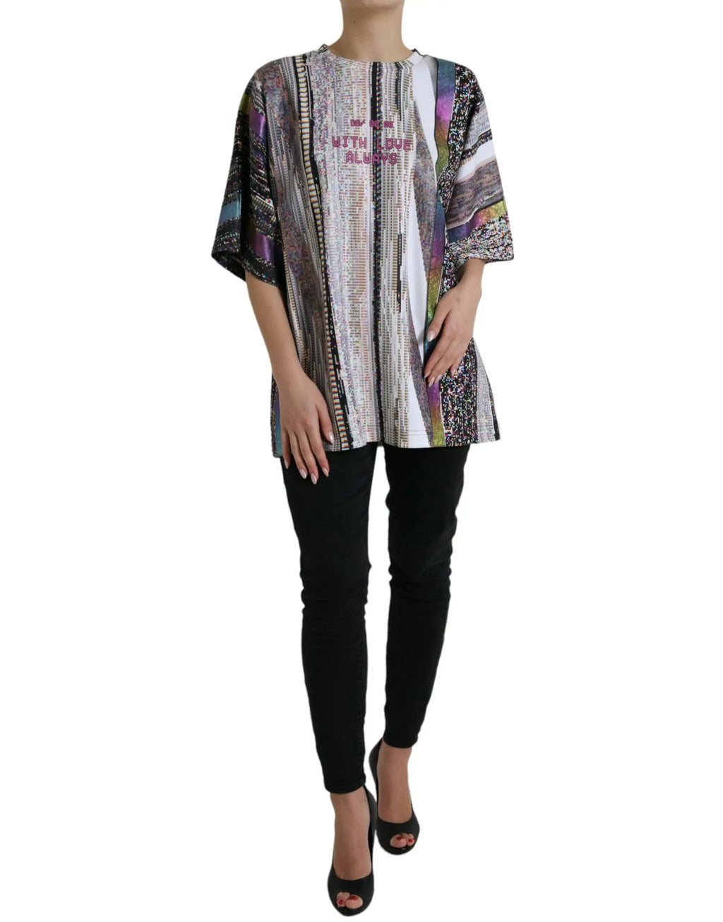Tunique dolce & gabbana multicolore avec motif rayures verticales metalliques et broderie with love always sur la poitrine