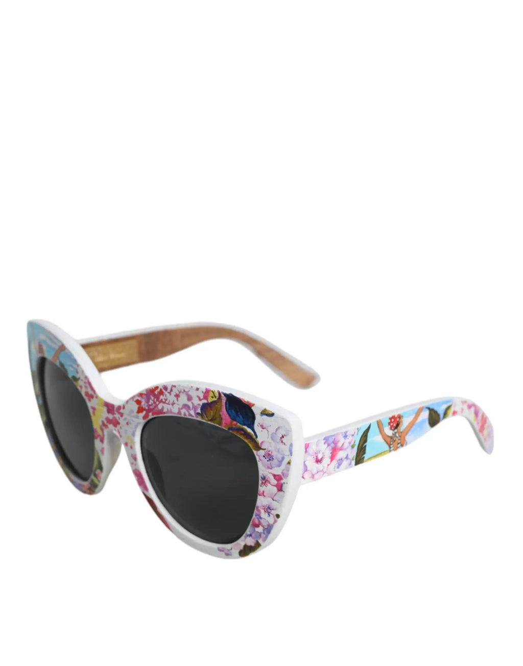 Lunettes de soleil dolce & gabbana avec monture blanche en bois, motif floral coloré et branches en bois naturel