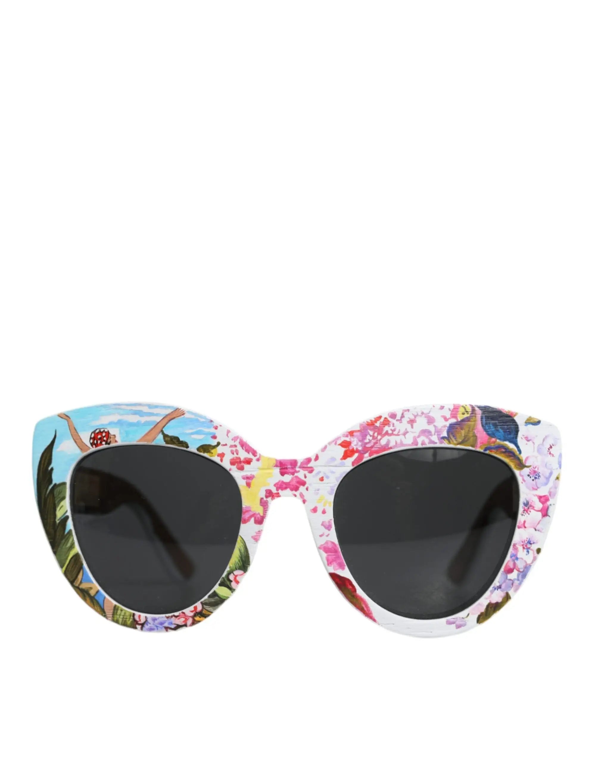 Lunettes de soleil cat-eye dolce & gabbana en bois multicolore avec monture en cristal laiton et motif floral peint à la main
