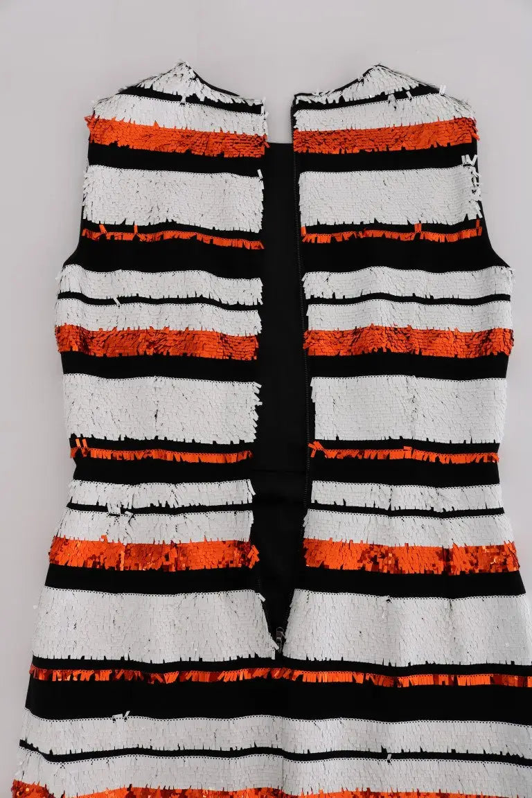 Robe sans manches dolce & gabbana à rayures horizontales multicolores en sequins stretch noir blanc et orange vif