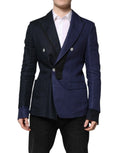 Dolce & gabbana navy blue double breasted suit coat blazer en laine avec finition noire et boutons argentés