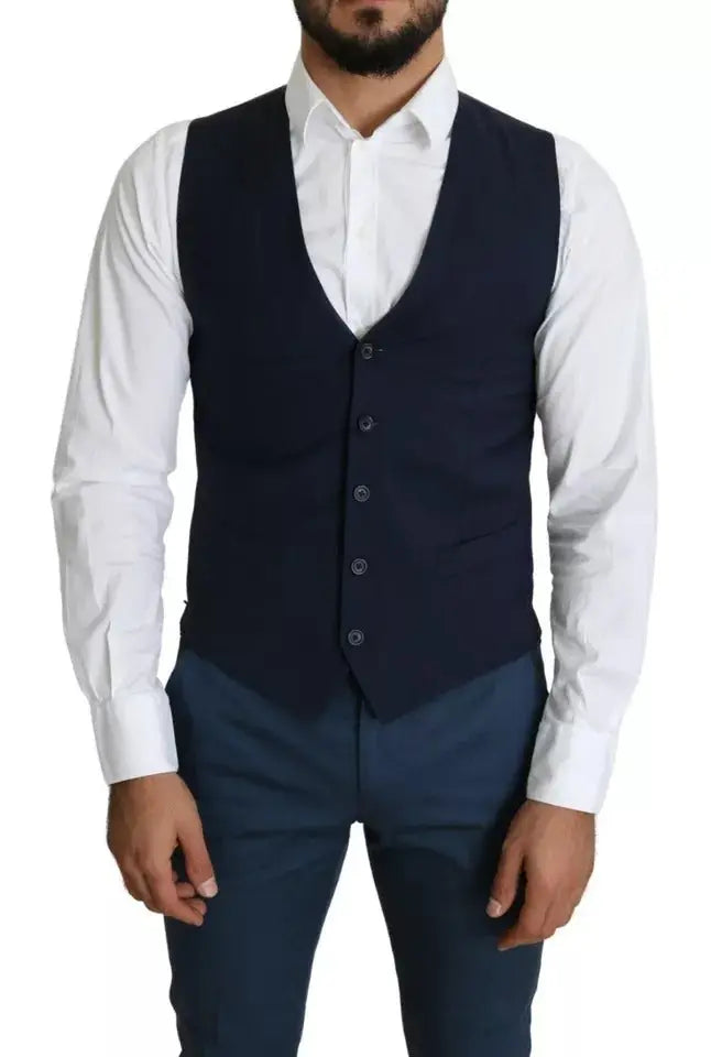 Dolce & Gabbana gilet en laine bleu marine pour homme avec cinq boutons foncés et col v classique pour tenue formelle