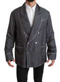 Veste de pyjama noire double boutonnage avec motif géométrique subtil et piping blanc, style dolce gabbana bleu marine