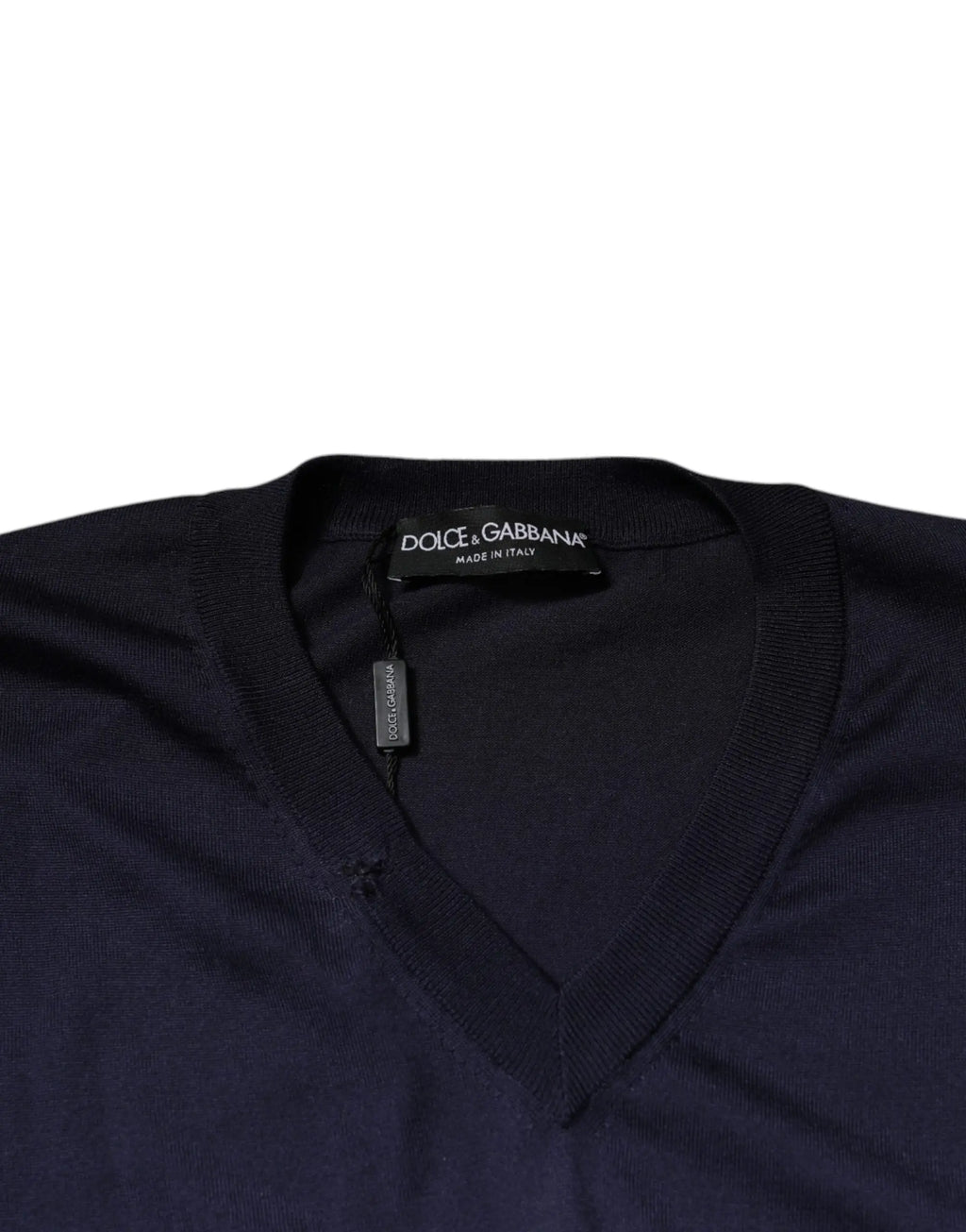 Pull-over dolce & gabbana bleu marine en soie à col en v avec détails côtelés aux manches et à lourlet