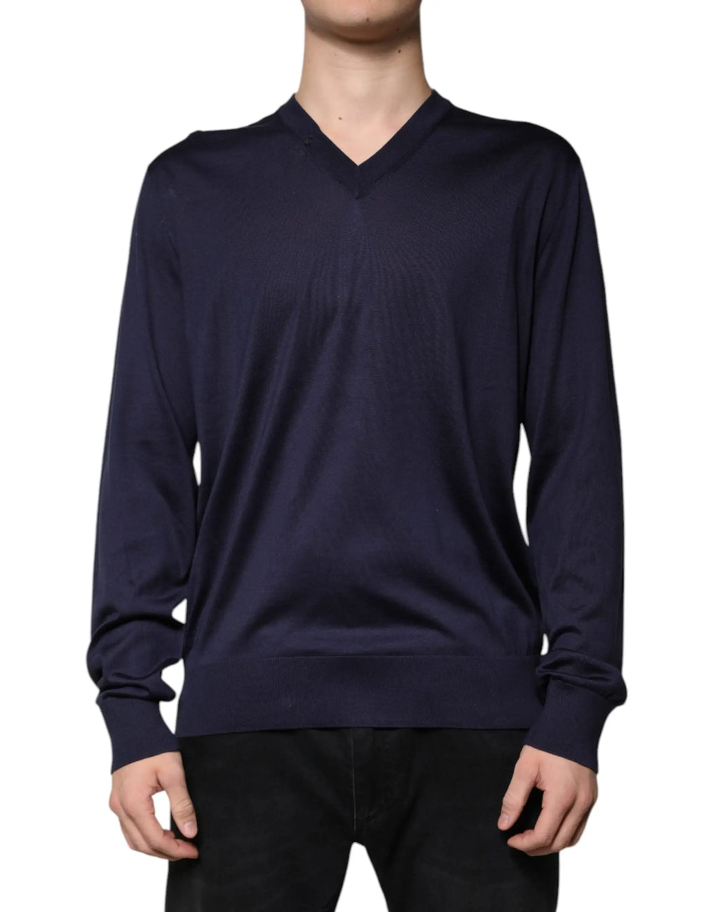 Pull en laine bleu marine dolce & gabbana à col v en soie manches longues vue avant