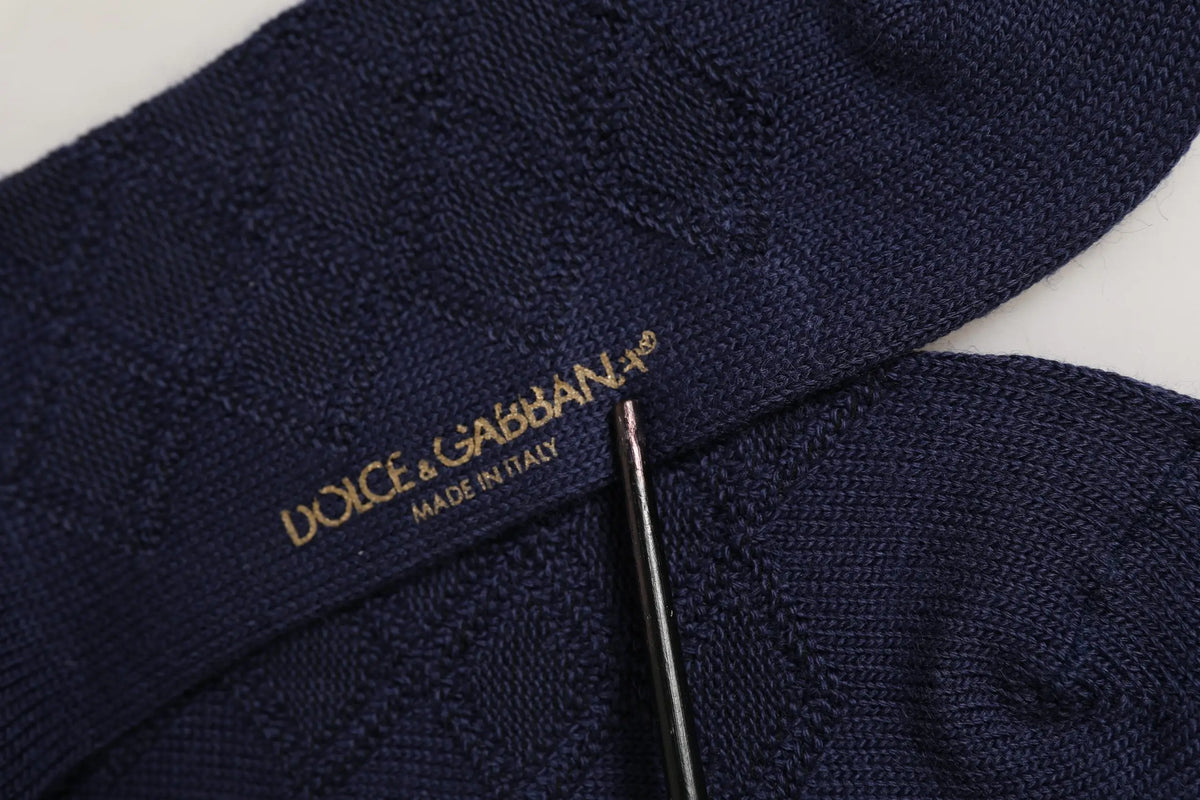 Chaussettes hautes en laine bleu marine dolce & gabbana avec logo brodé doré et motif en tricot dense