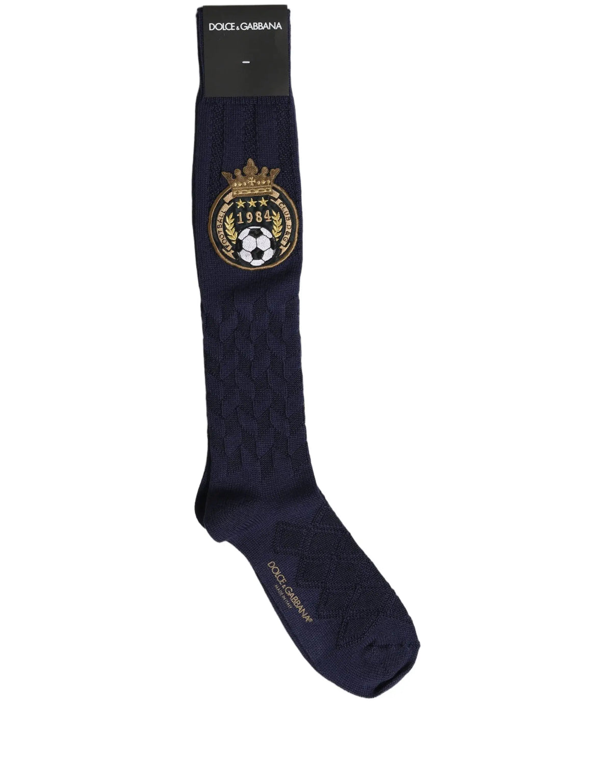 Chaussette haute dolce & gabbana en laine bleu marine avec écusson doré brodé 1984 et motif ballon de football