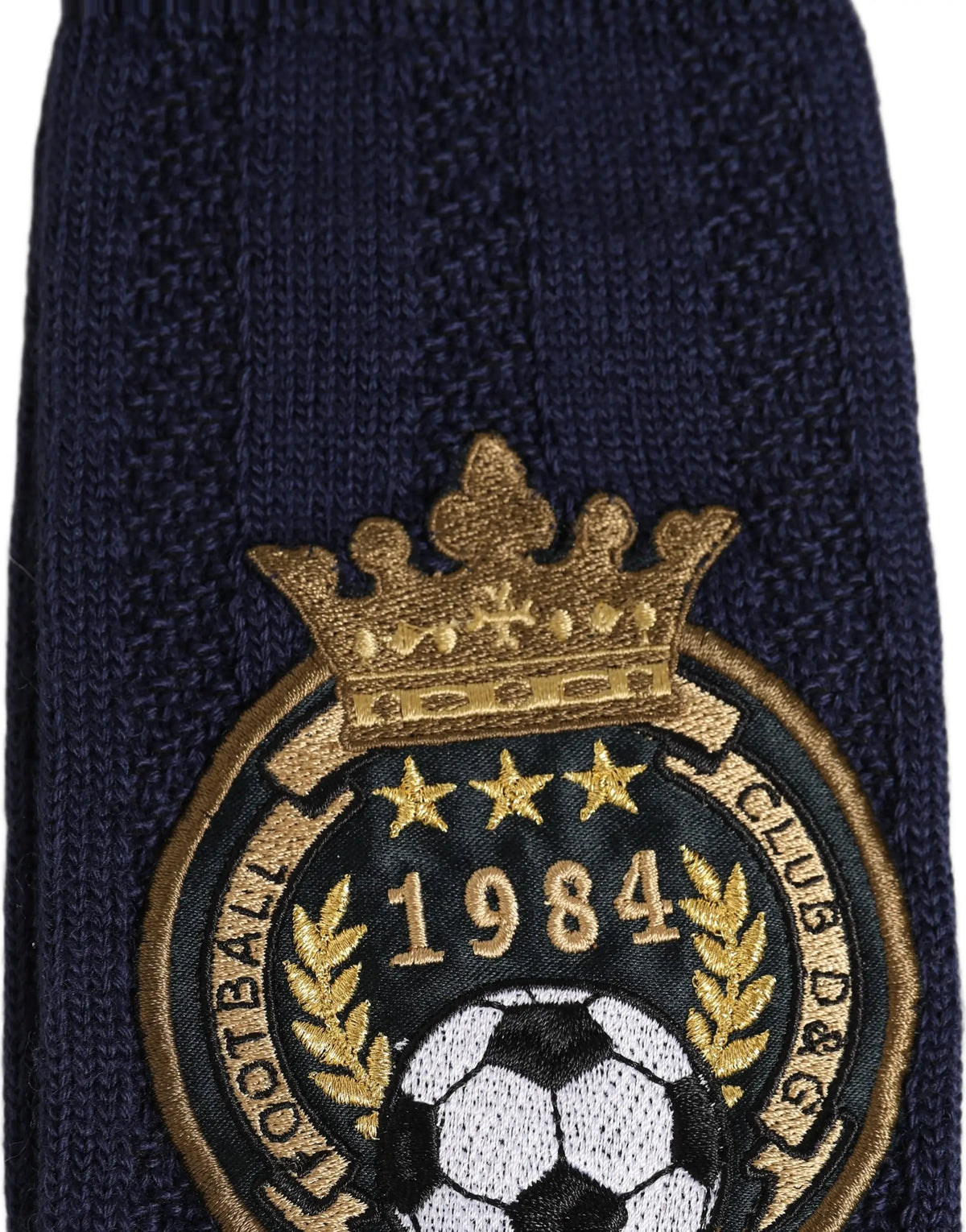 Écharpe bleue marine en laine avec écusson brodé or comprenant couronne étoiles année 1984 et ballon de football