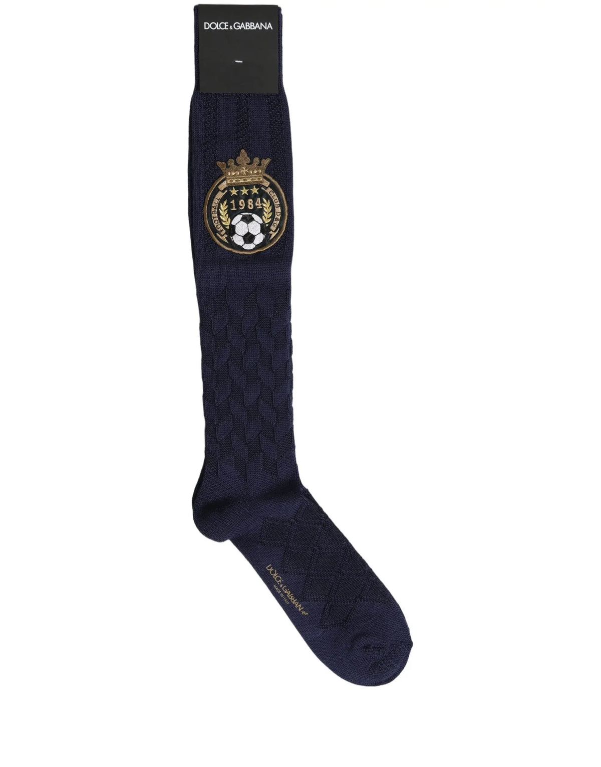 Chaussette accessoire mi-bas dolce & gabbana en laine bleu marine avec blason doré brodé étoiles et année 1984
