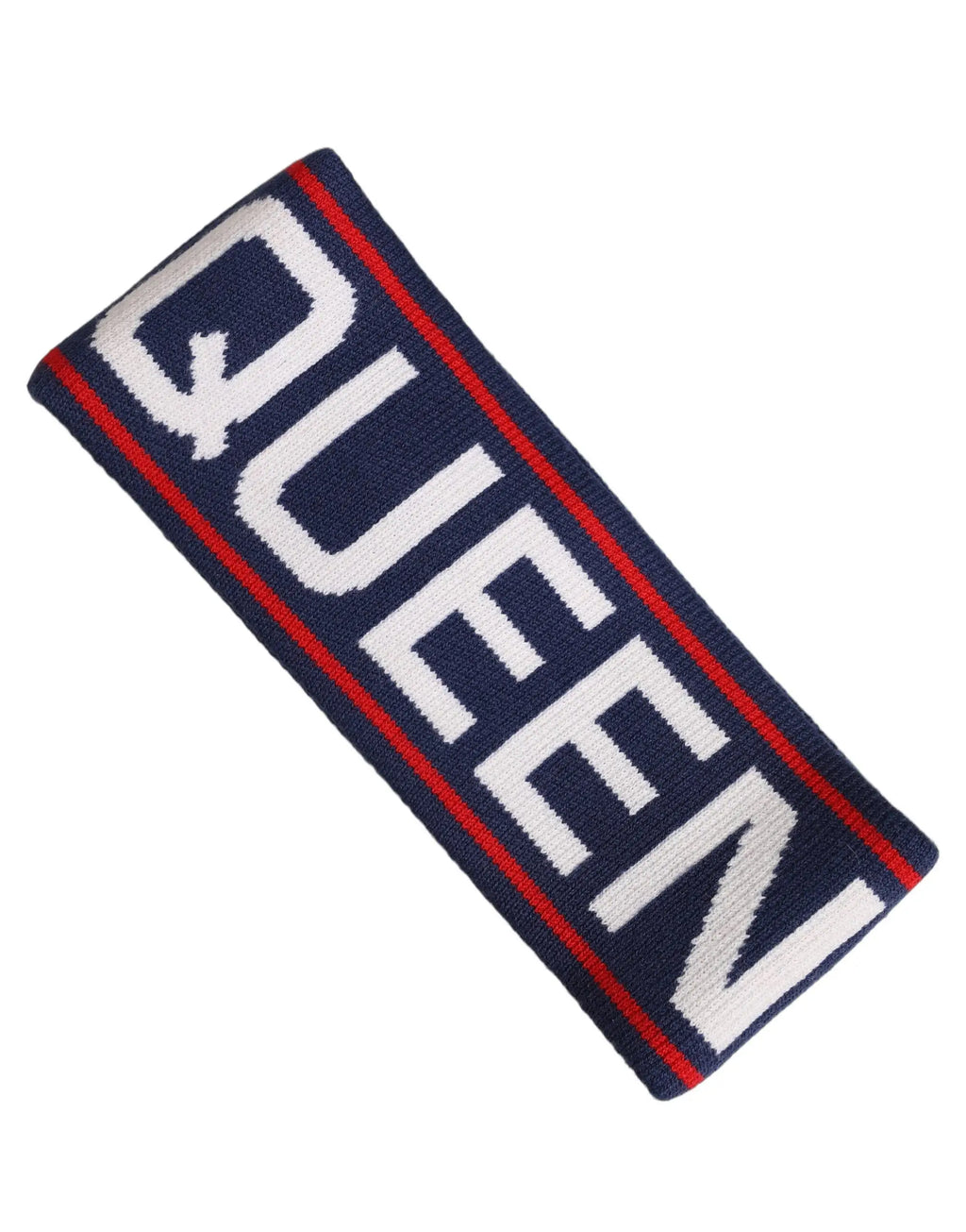 Dolce & gabbana navy blue wool knitted headband with bold white queen lettering and red trim one size