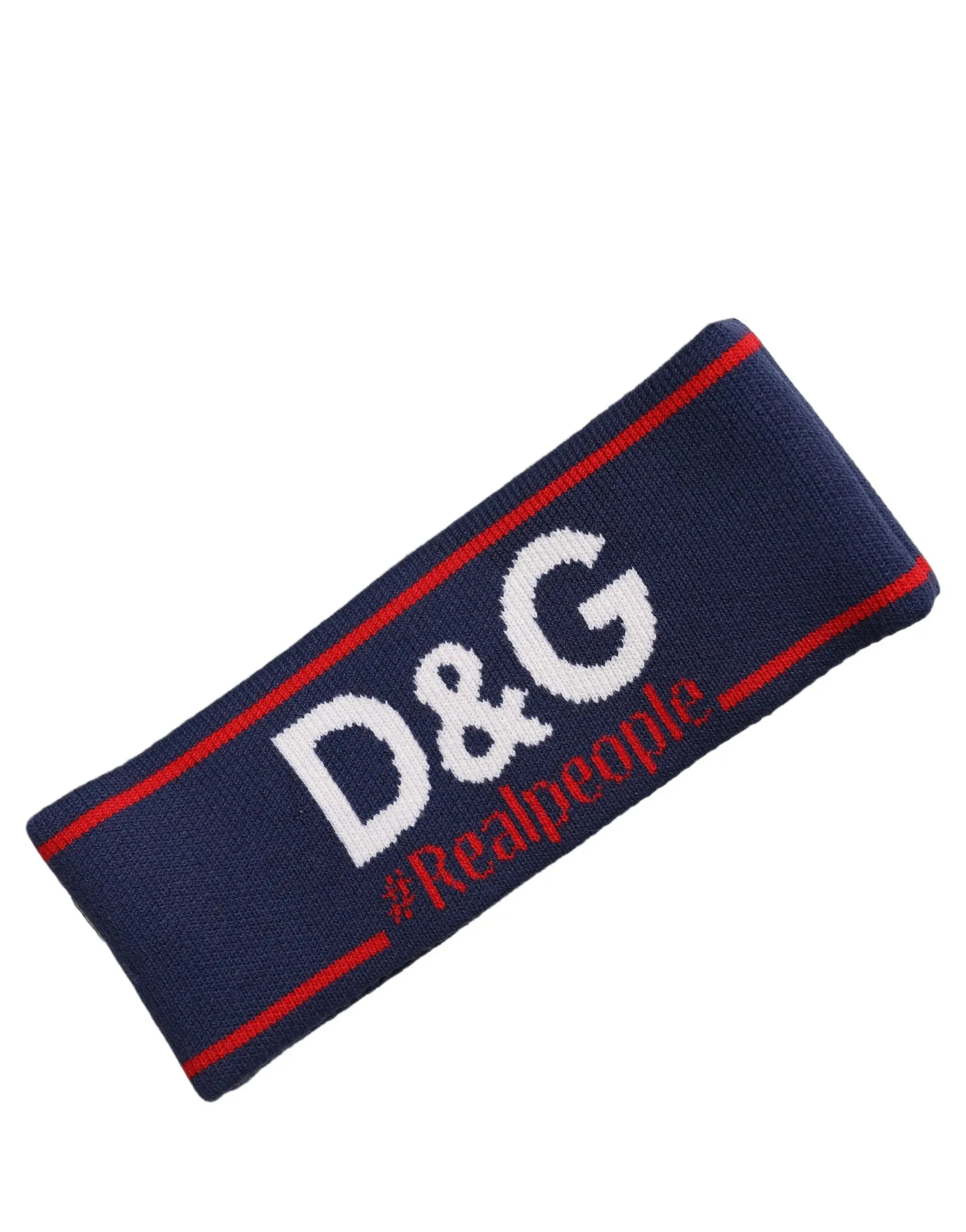 Navy blue wool knitted dolce gabbana headband with red trim and white d&g logo for one size fit