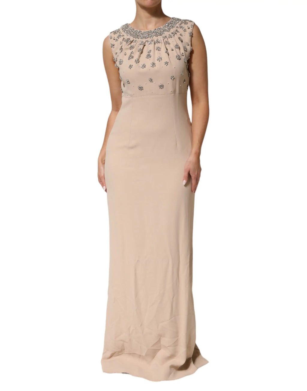 Robe longue beige sans manches dolce gabbana avec embellissement floral perlé sur le corsage et le col