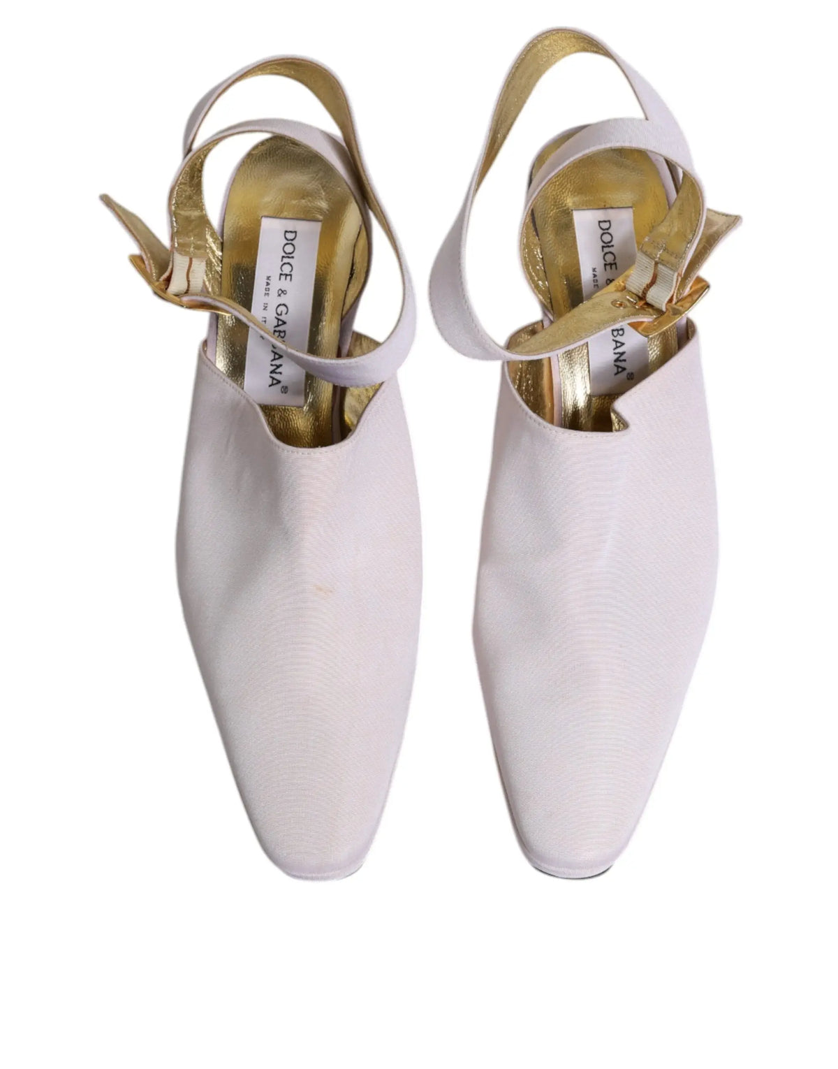 Dolce & gabbana sandales à talons blocs off white en satin blanc avec bride arrière et lanières dorées au cheville