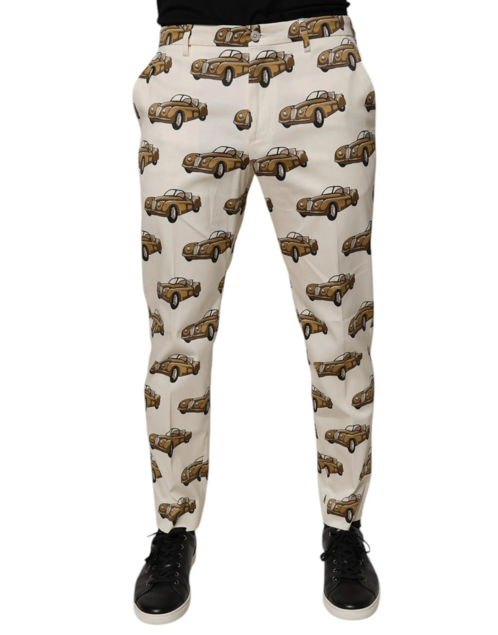 Pantalon slim en jean coton off white dolce gabbana pour homme avec motif répétitif de voitures vintage dorées