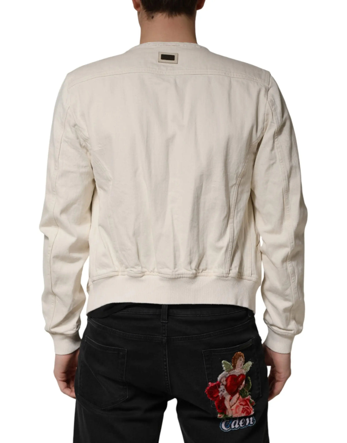 Veste aviateur crème dolce & gabbana en coton avec fermeture éclair, broderie cupidon et cœur rouge au dos