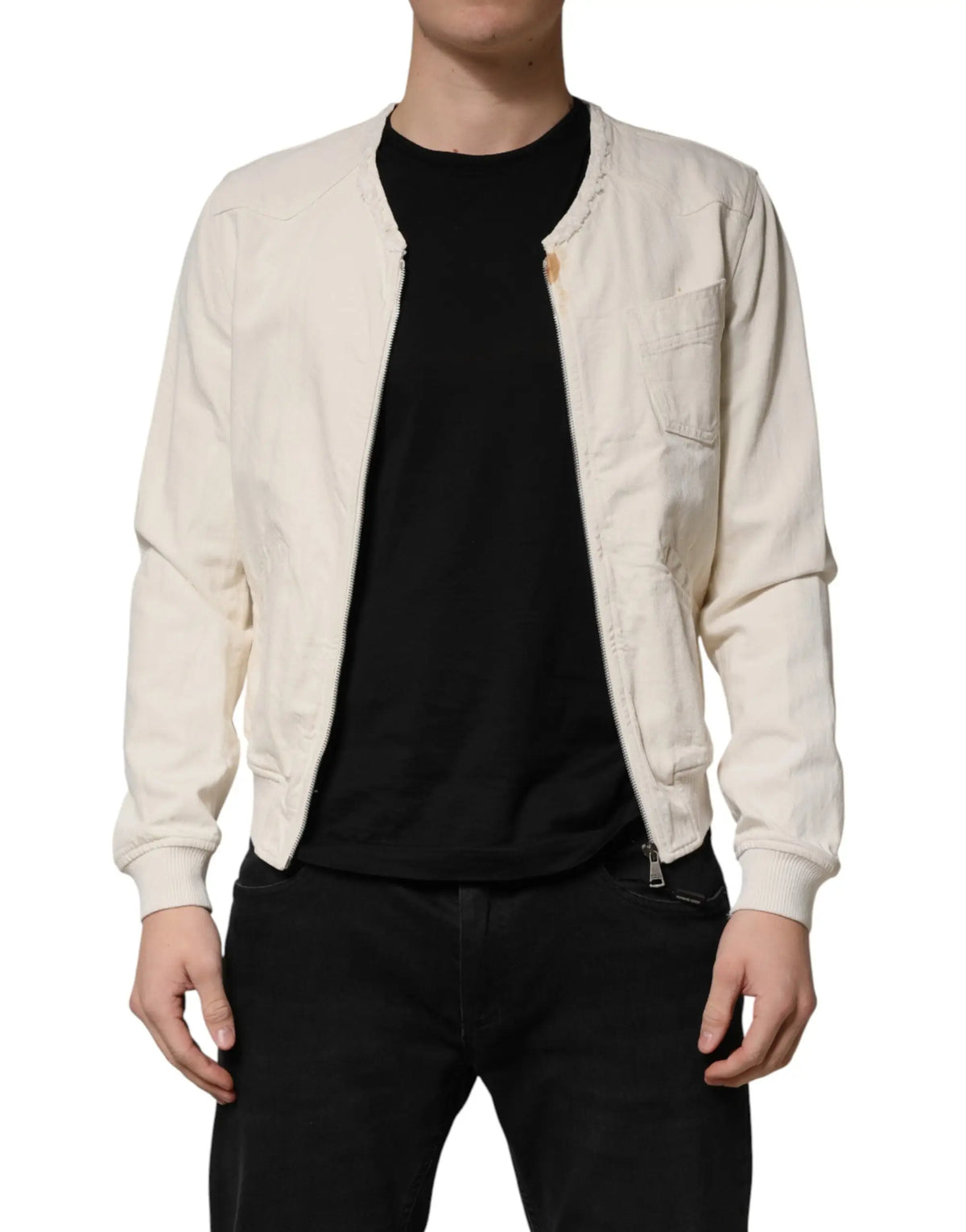 Veste blouson homme dolce & gabbana en coton crème avec fermeture éclair et poignets côtelés