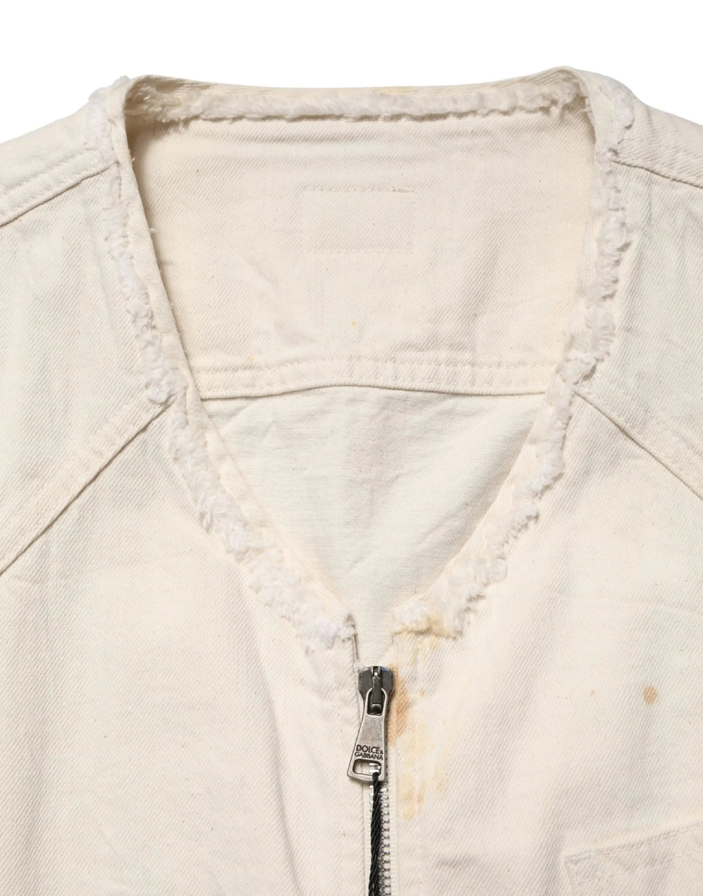 Dolce & gabbana veste en denim coton blanc cassé avec fermeture éclair intégrale et col effiloché