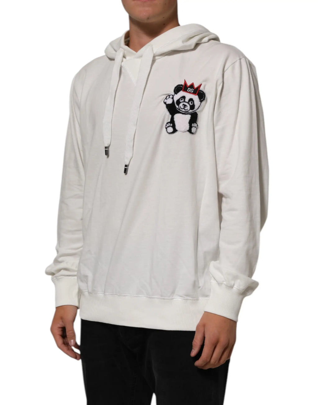 Sweat à capuche dolce & gabbana en coton off white avec panda brodé noir et rouge portant dg sur la couronne