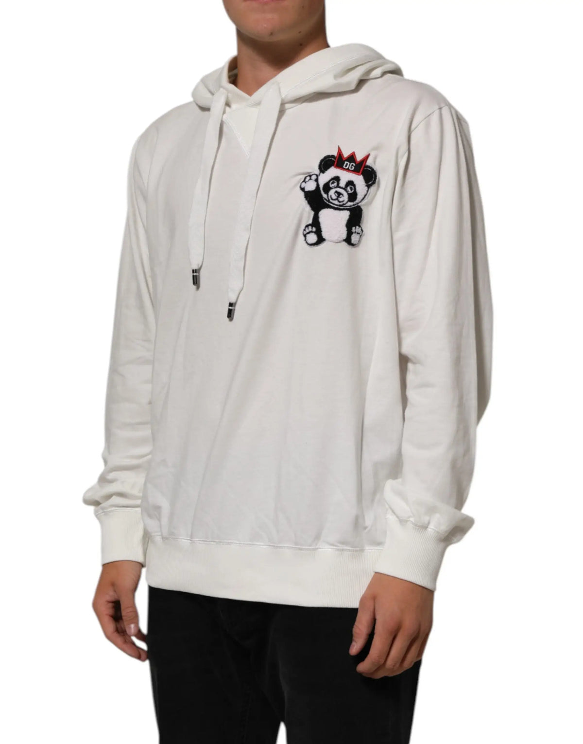 Sweat à capuche dolce & gabbana en coton off white avec panda brodé noir et rouge portant dg sur la couronne