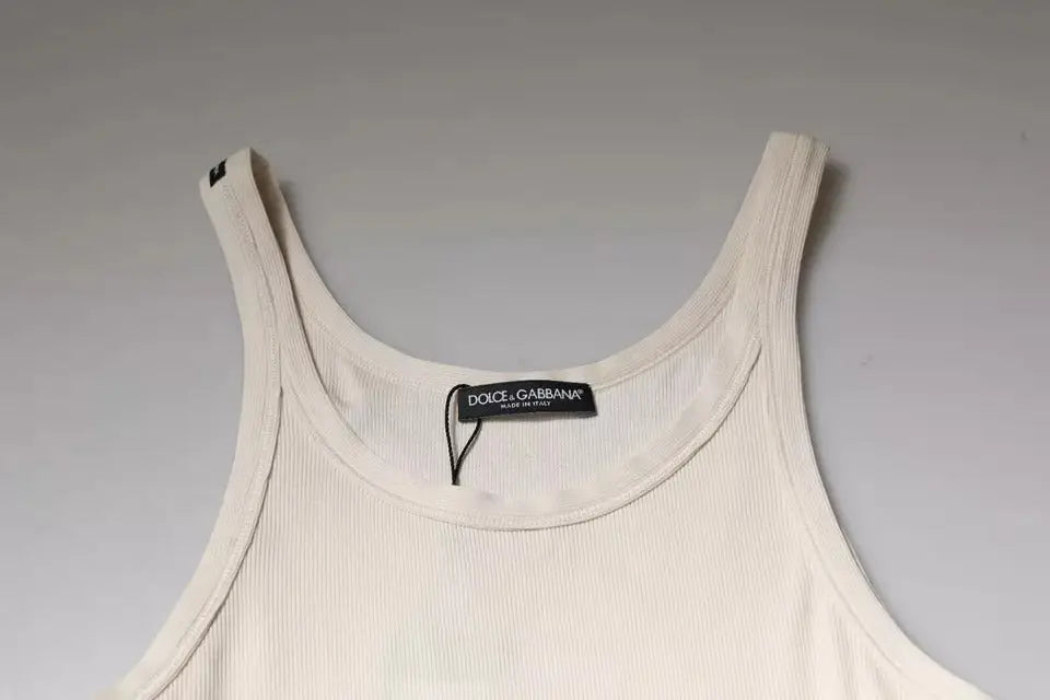 Tank top sans manches en coton écru à col rond dolce & gabbana avec étiquette noire visible
