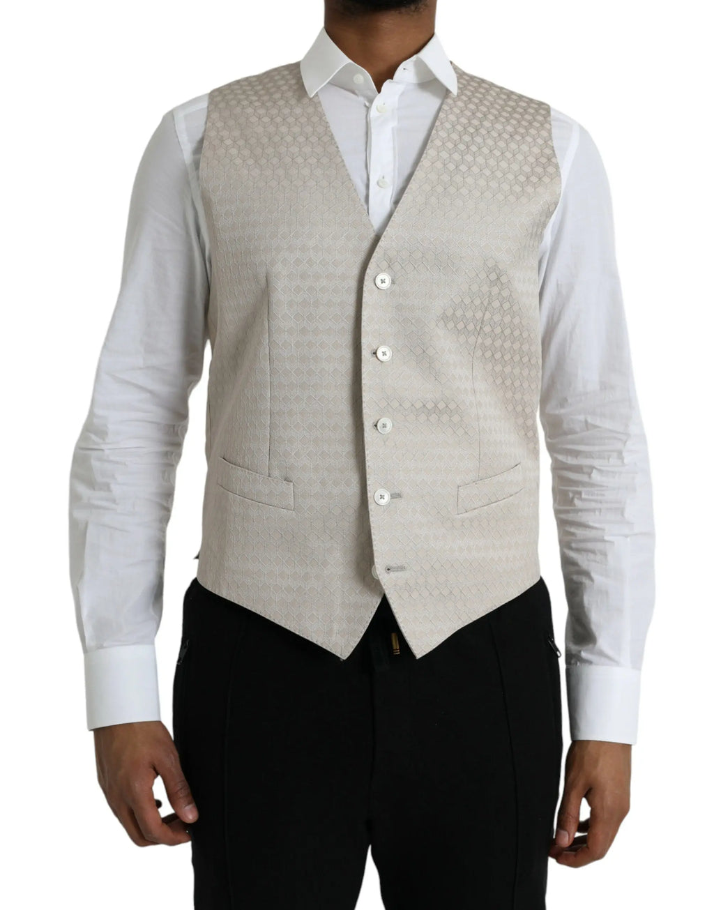 Beige waistcoat with subtle geometric pattern and five buttons from dolce & gabbana off white cotton formal vest