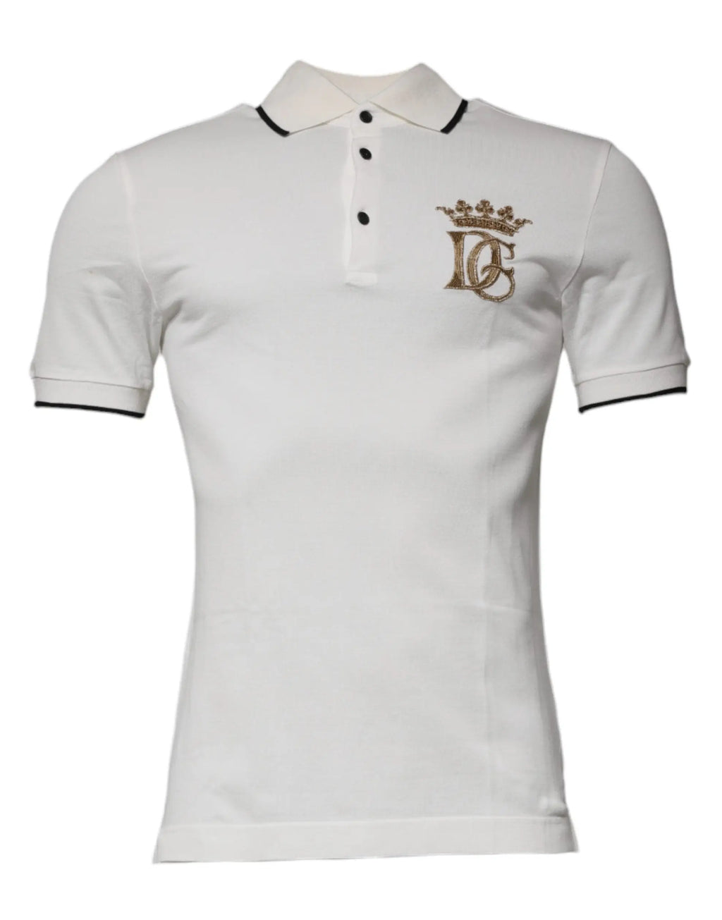 Polo dolce & gabbana en coton écru avec col, poignets et patte de boutonnage noirs et logo couronne brodé or
