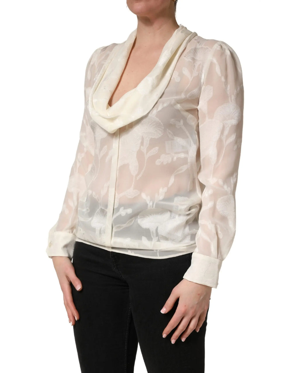 Blouse crème semi transparente en soie avec motif floral délicat et col bénitier dolce & gabbana