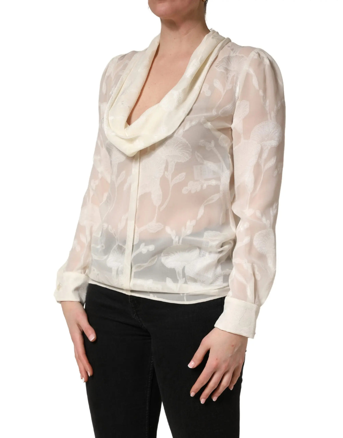 Blouse crème semi transparente en soie avec motif floral délicat et col bénitier dolce & gabbana