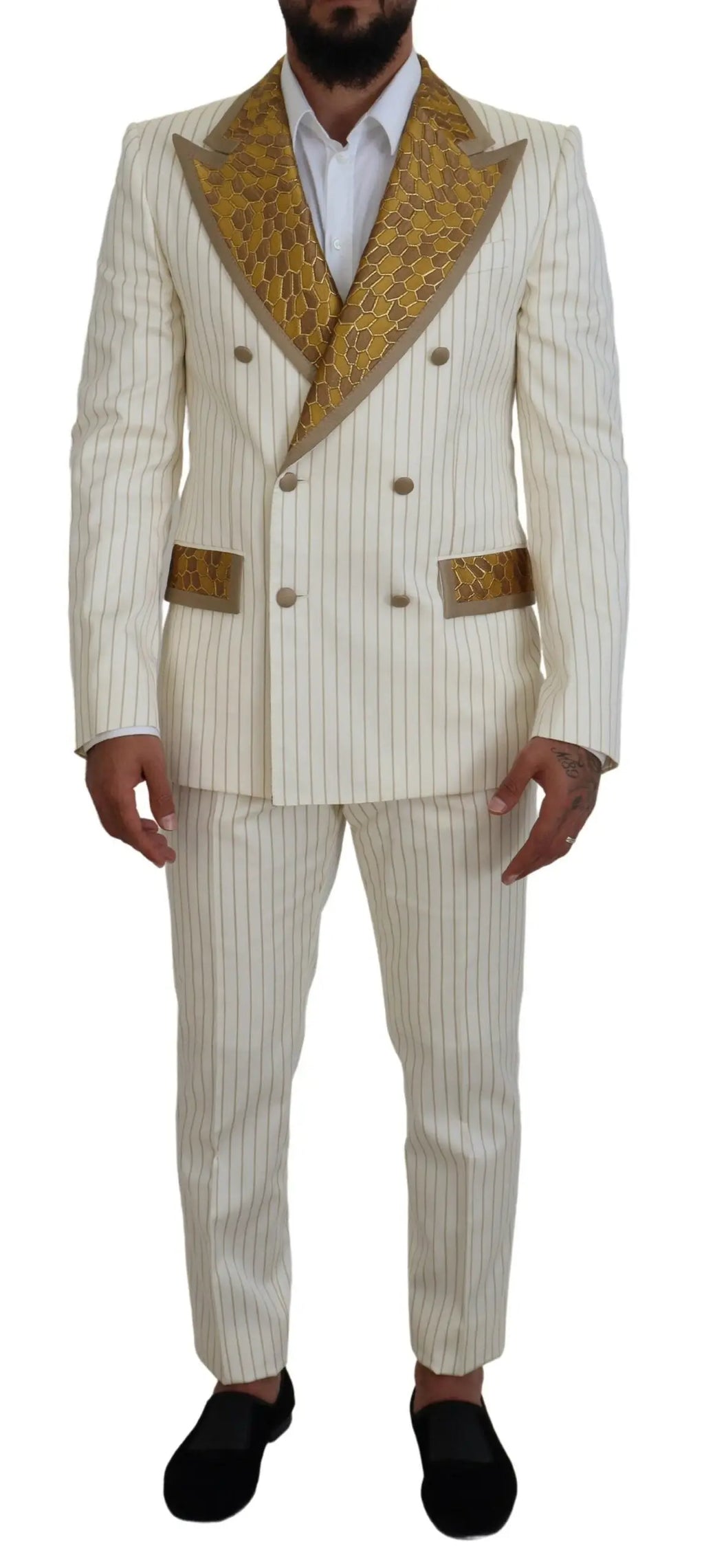 Dolce & gabbana off white gold striped tuxedo slim fit suit cream double-breasted with gold snakeskin lapel and pocket flaps