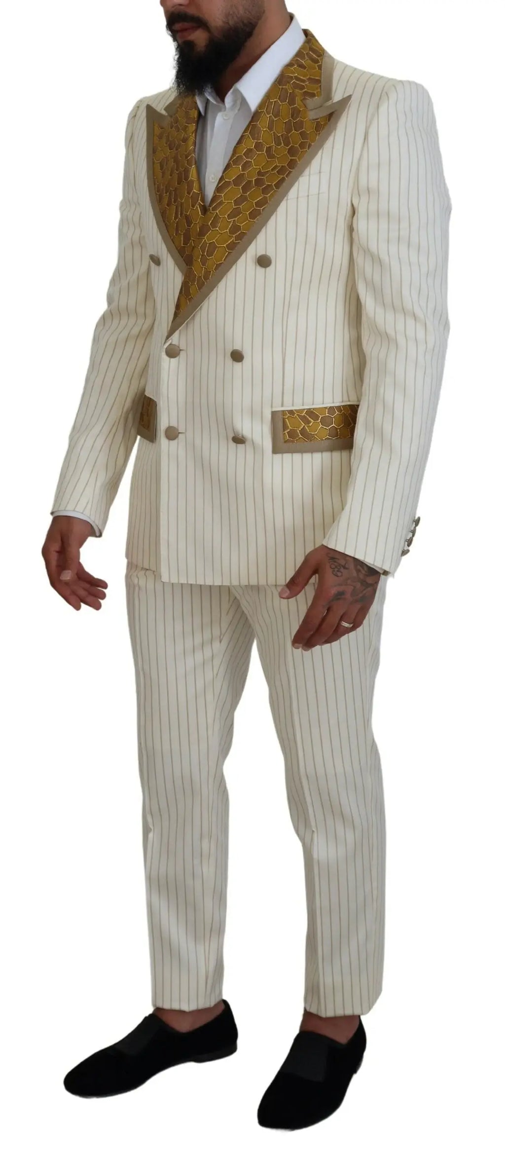 Costume slim fit dolce gabbana off white à rayures fines verticales avec revers, poches et boutons dorés à motifs