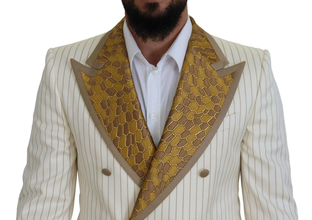 Veste de costume doublée crème à fines rayures avec revers géométriques or et marron dolce gabbana slim fit
