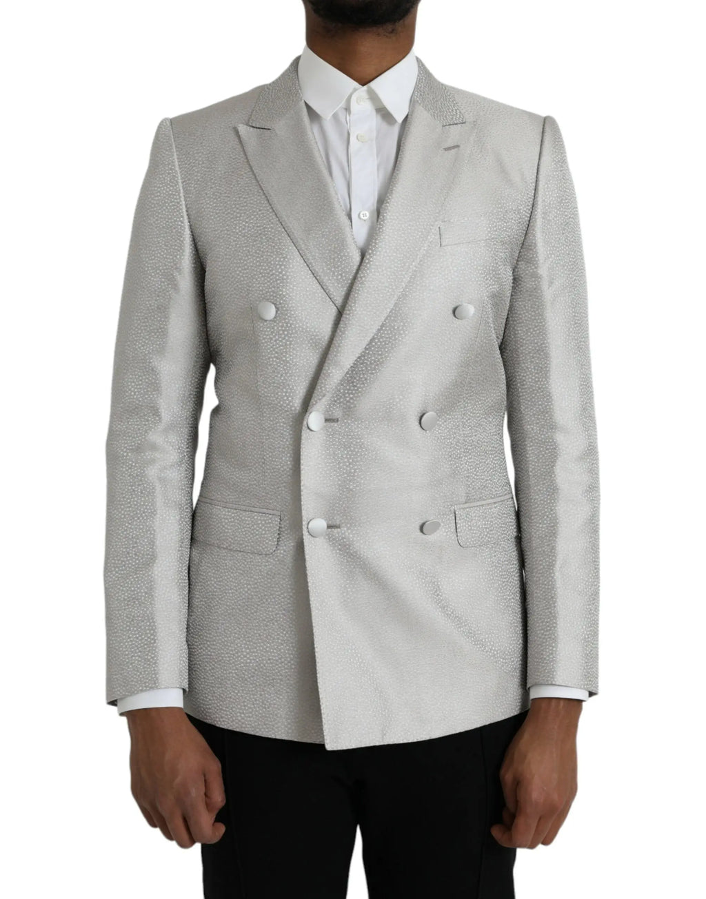 Blazer double boutonnage dolce & gabbana off white martini argent avec motif texturé subtil et boutons assortis