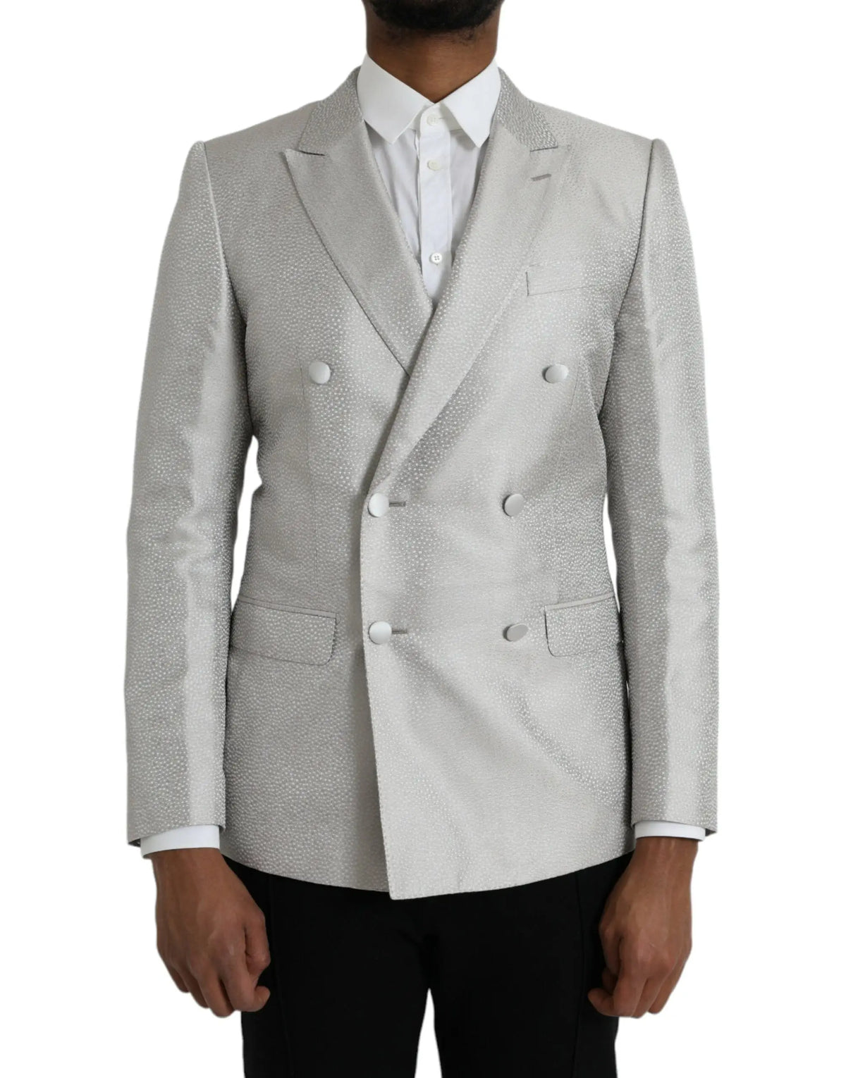 Blazer double boutonnage dolce & gabbana off white martini argent avec motif texturé subtil et boutons assortis