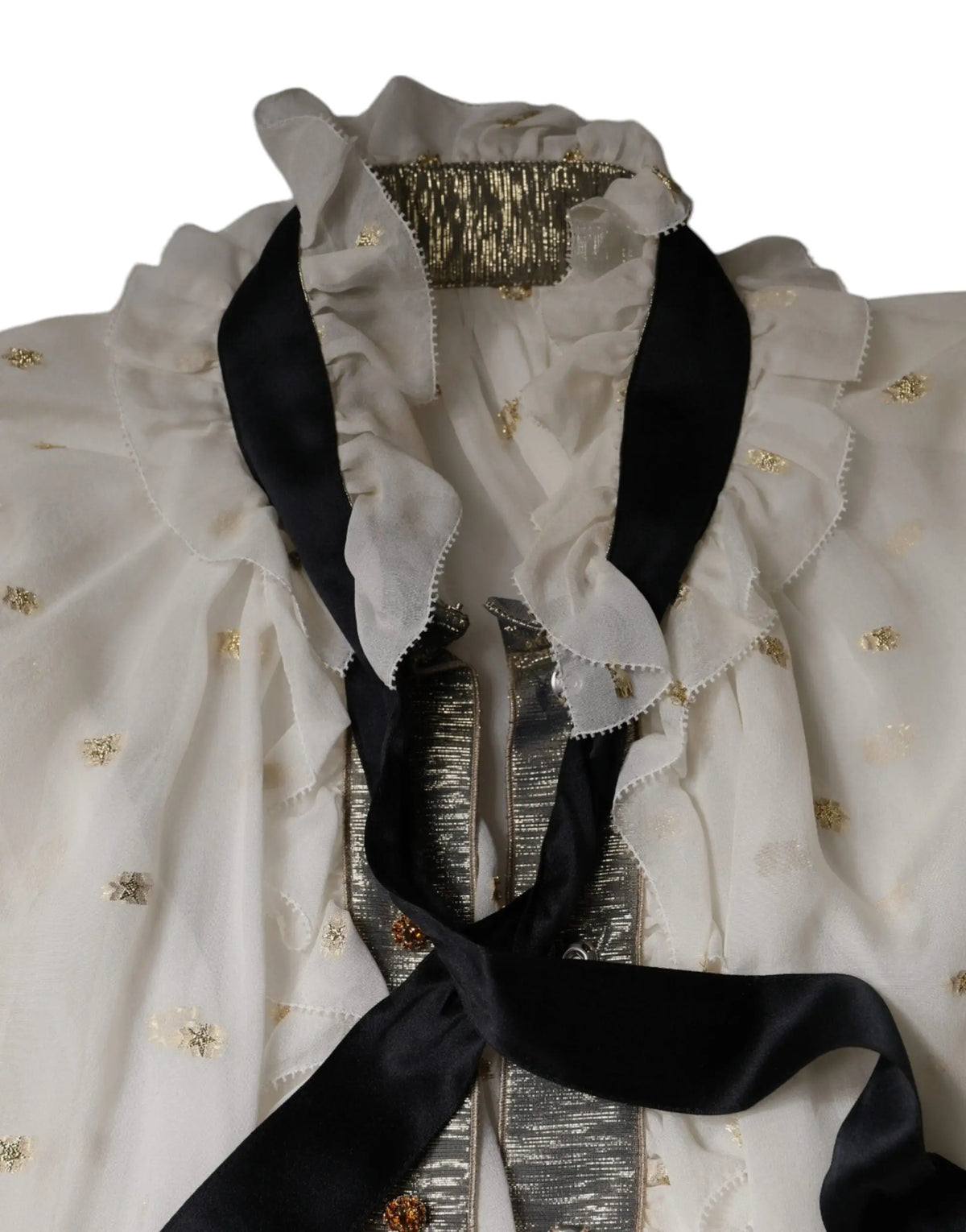 Blouse dolce & gabbana ivoire en mélange de soie avec dentelle délicate, broderie étoiles dorées et ruban satiné noir noué devant