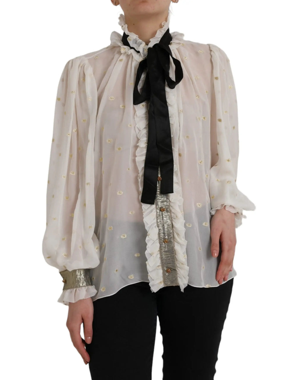 Blouse dolce & gabbana ivoire en mélange de soie avec broderie dorée, volants et nœud ascot noir au col