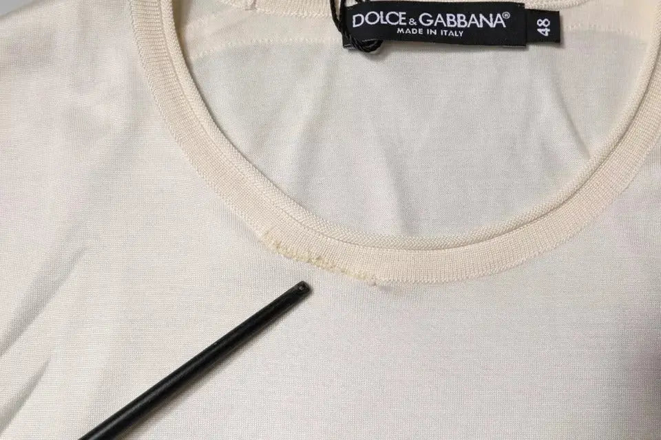 Dolce & gabbana t-shirt en soie écru avec col rond côtelé et étiquette made in Italy