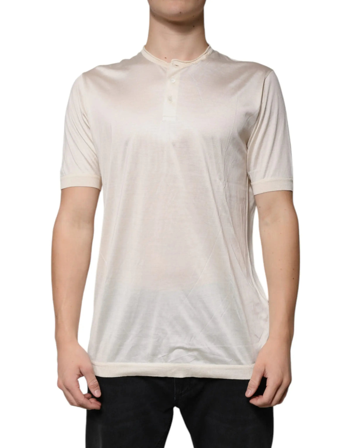 T-shirt dolce & gabbana en soie crème manches courtes avec patte de boutonnage et léger éclat