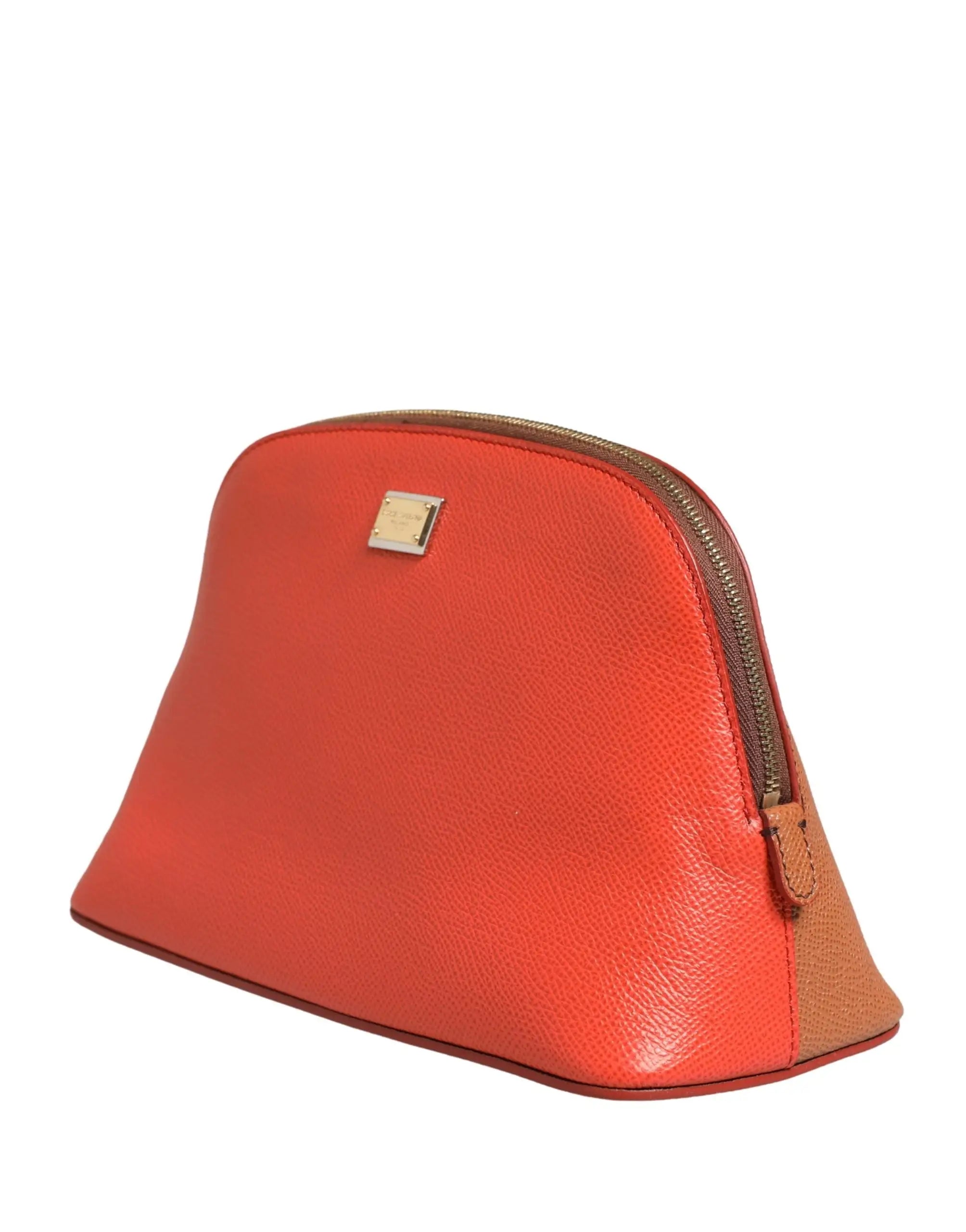 Pochette à cosmétiques dolce & gabbana orange en cuir avec panneau latéral beige et fermeture éclair dorée