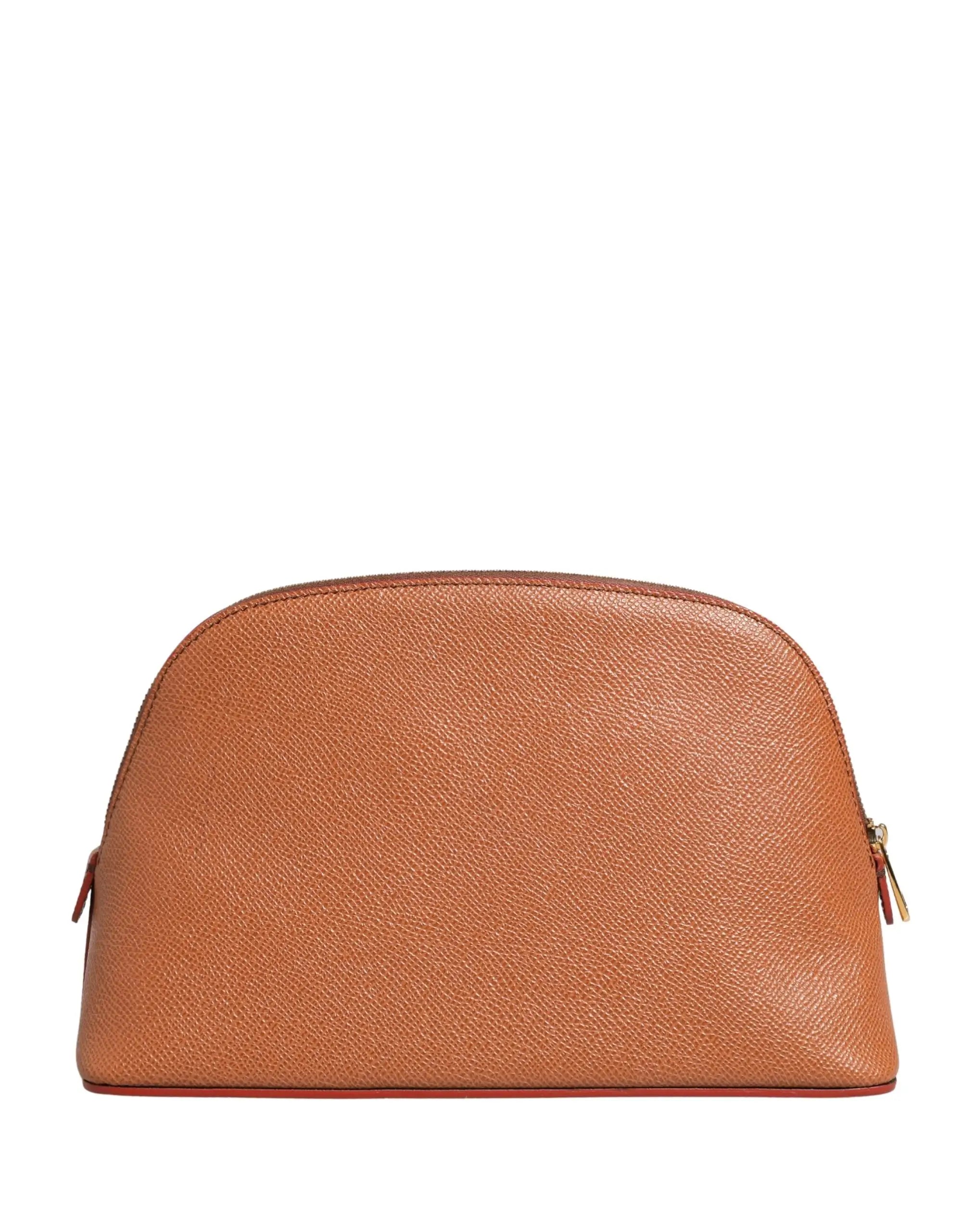 Sac cosmétique en cuir orange beige Dolce & Gabbana avec surface texturée et fermeture éclair dorée robuste