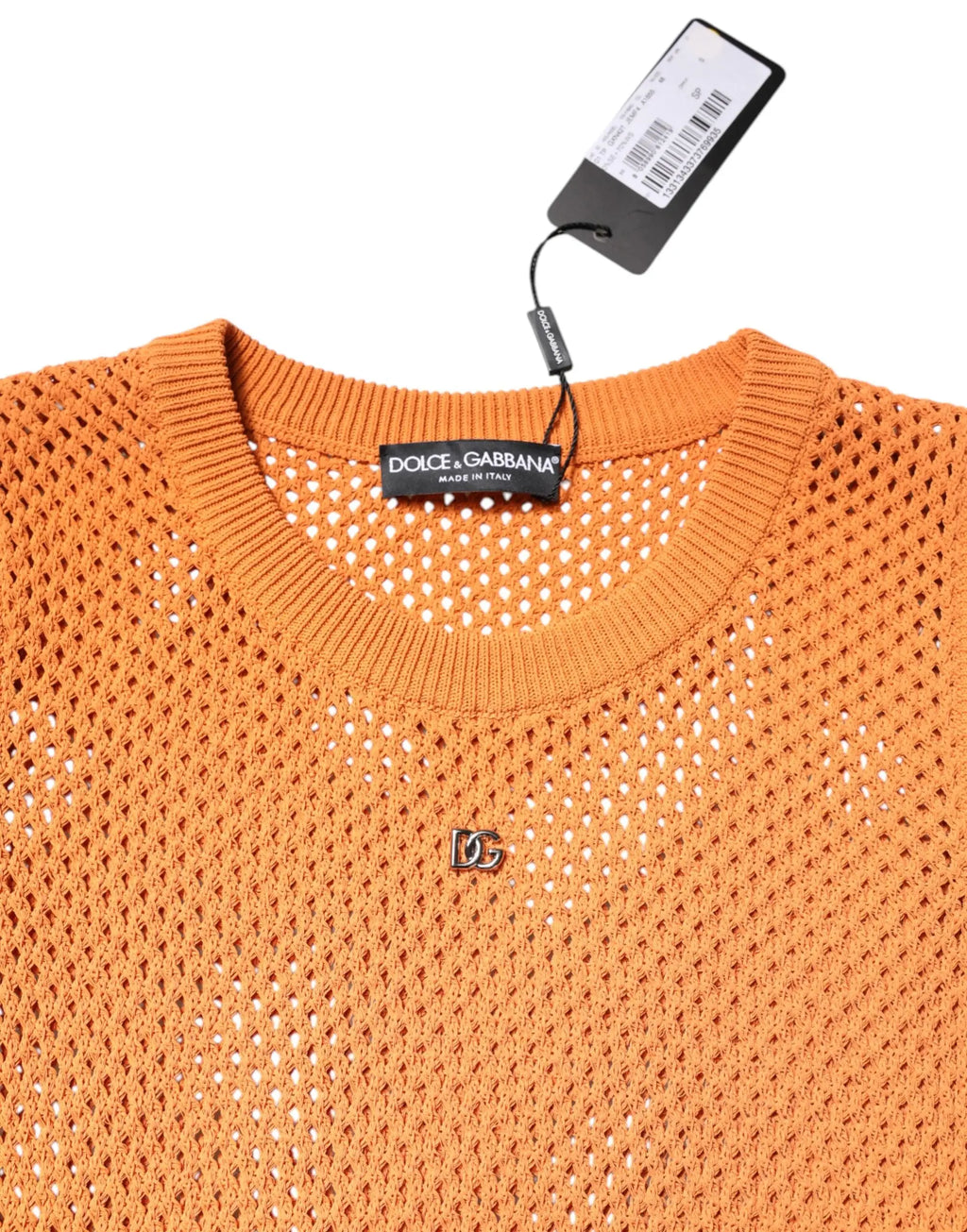 Dolce & gabbana orange pull en maille ajourée en cachemire sans manches avec logo métallique dg au centre