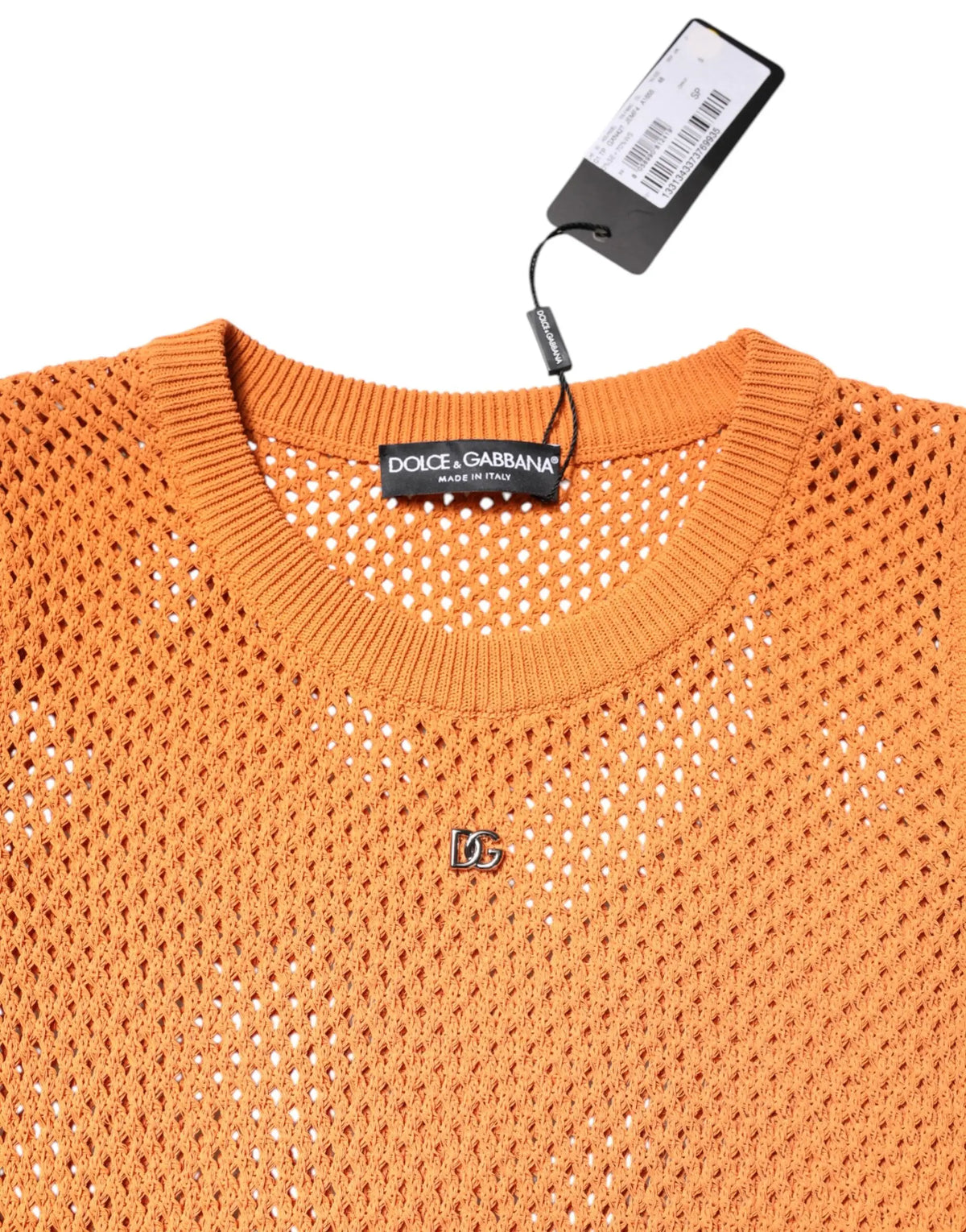 Dolce & gabbana orange pull en maille ajourée en cachemire sans manches avec logo métallique dg au centre