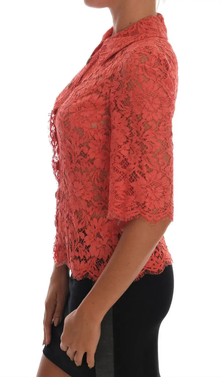 Coral orange crystal buttons floral lace blouse with collar and three-quarter sleeves by dolce & gabbana