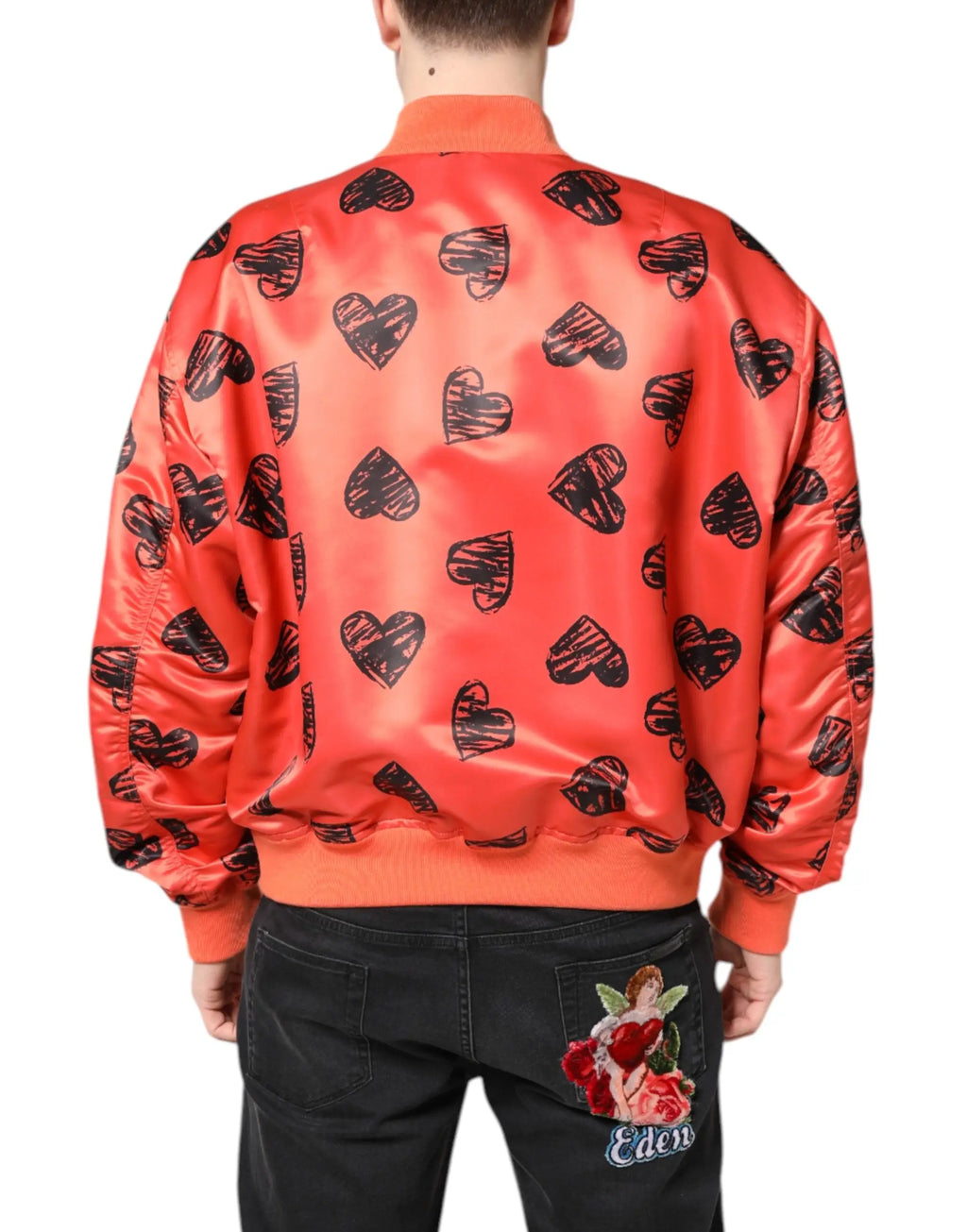 Veste bomber homme dolce gabbana orange en satin vif avec motif cœurs noirs style croquis en zip intégral