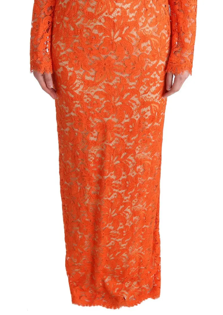 Robe longue orange dolce & gabbana en dentelle florale à manches longues avec motif ricamo sheath