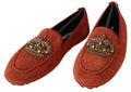 Mocassins en cuir orange dolce gabbana avec couronne en cristal ornée de strass rouges et clairs sur daim rouge